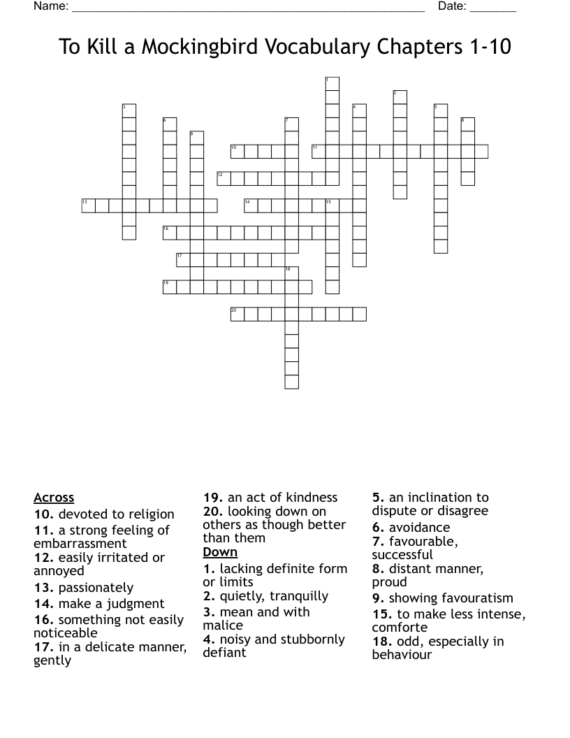 To Kill A Mockingbird Vocabulary Chapters 1 10 Crossword WordMint