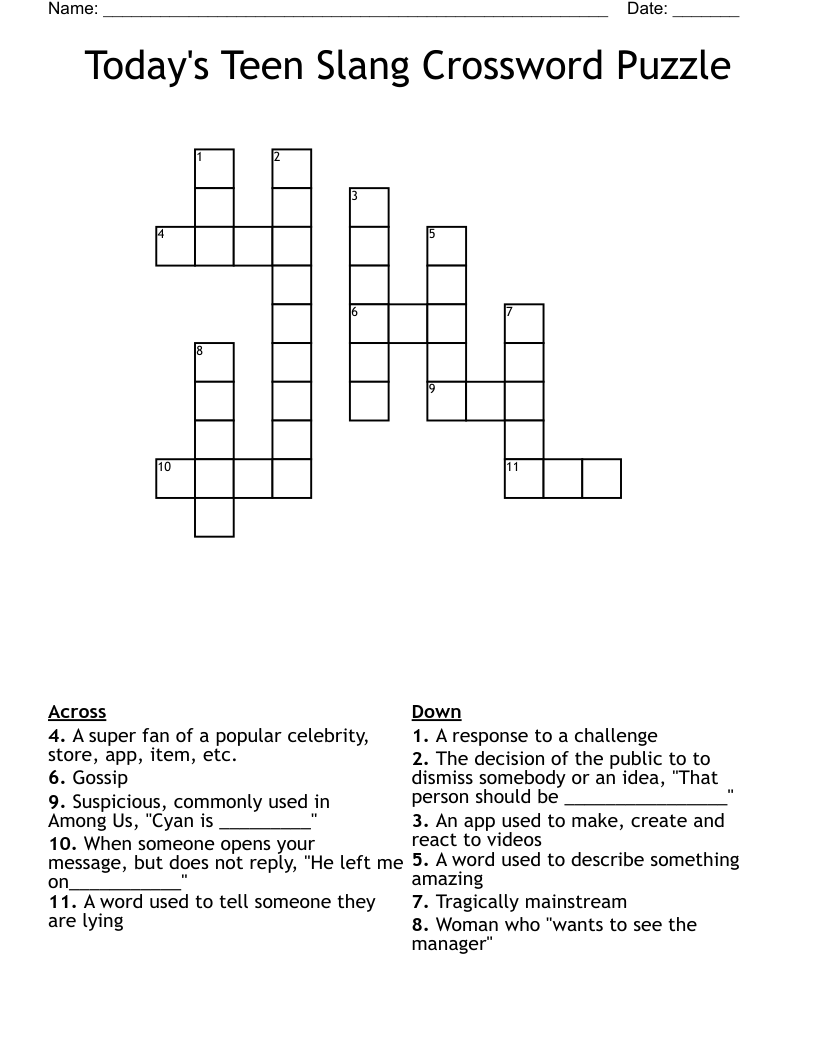 Today s Teen Slang Crossword Puzzle WordMint