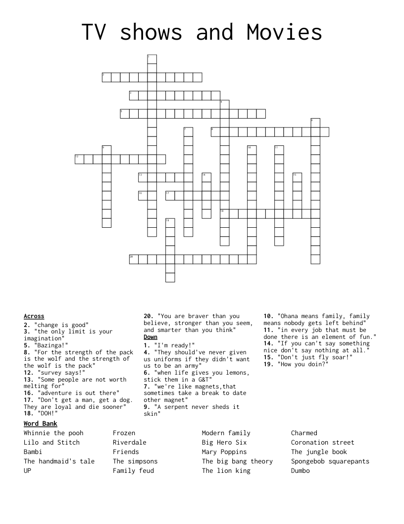 TV Shows And Movies Crossword WordMint