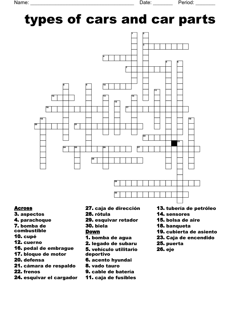 Types Of Cars And Car Parts Crossword WordMint