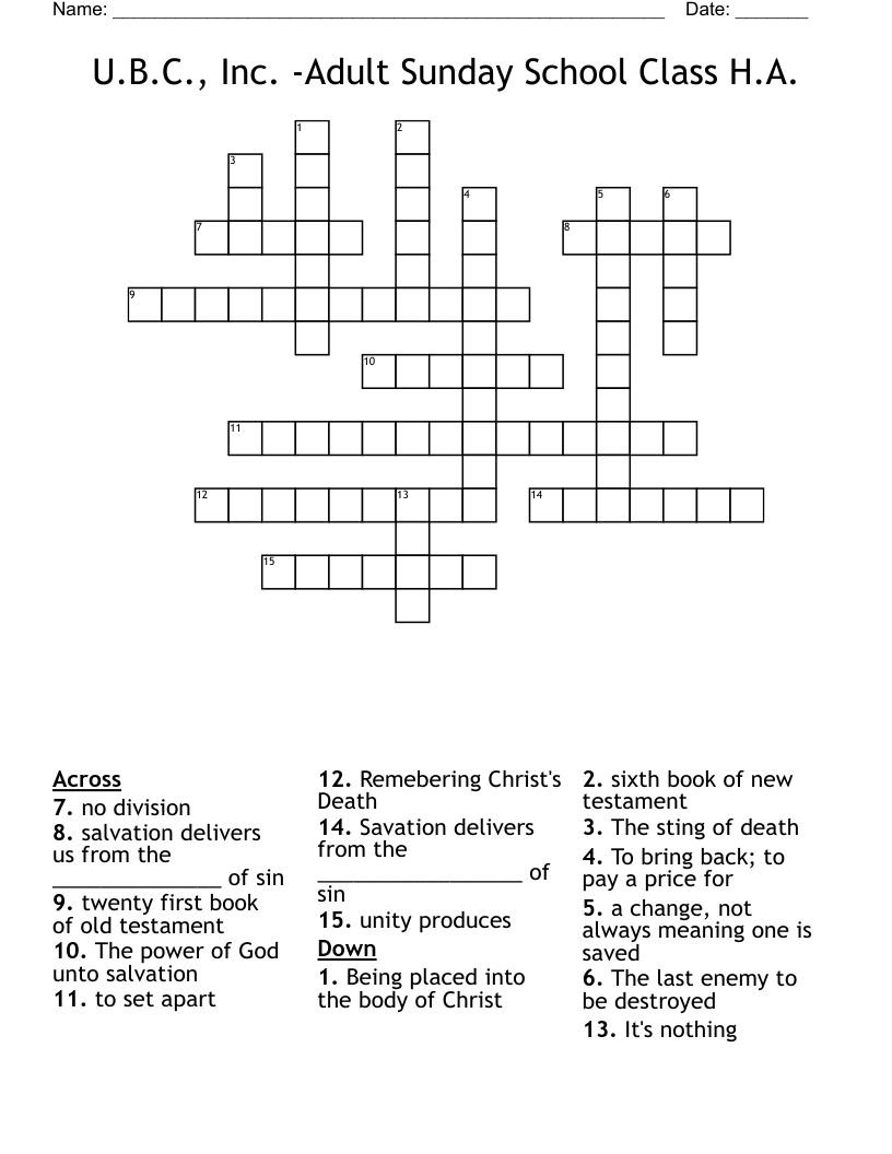 U B C Inc Adult Sunday School Class H A Crossword WordMint