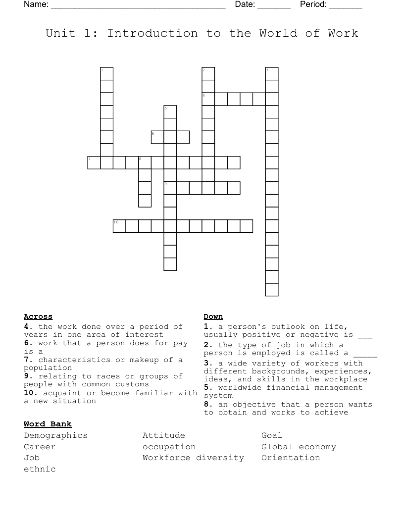 Unit 1 Introduction To The World Of Work Crossword WordMint Unit 1 Introduction To The World Of Work Crossword WordMint