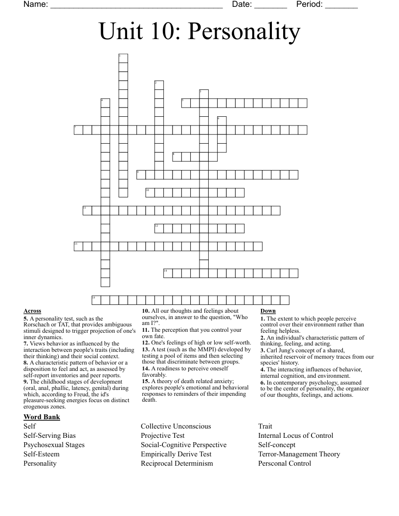 Unit 10 Personality Crossword WordMint