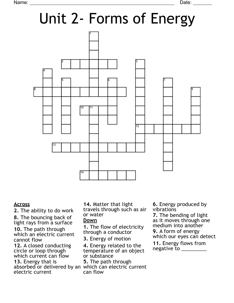 Unit 2 Forms Of Energy Crossword WordMint