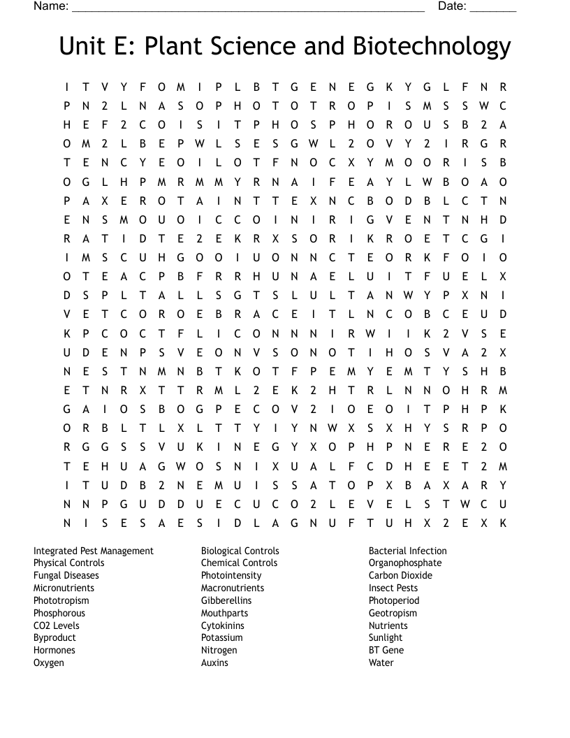 Unit E Plant Science And Biotechnology Word Search WordMint