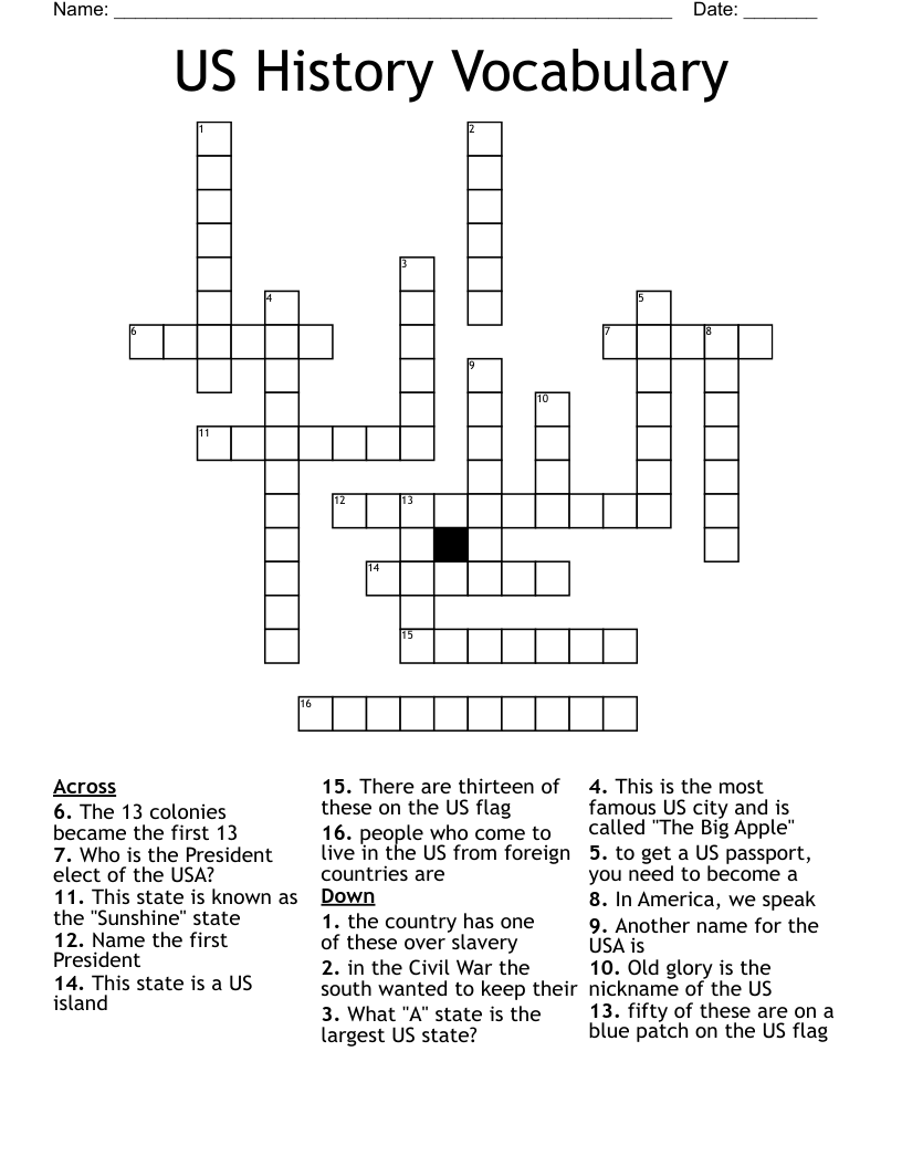 US History Vocabulary Crossword WordMint