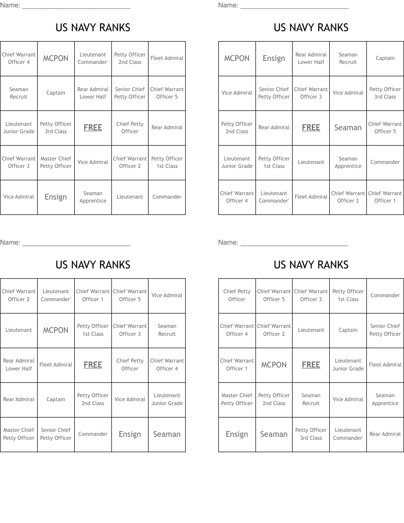 US NAVY RANKS Bingo Cards WordMint