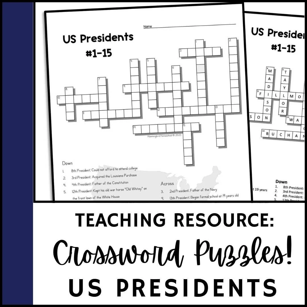 US Presidents Crossword Puzzles With Answers Hummingbird Homeschool