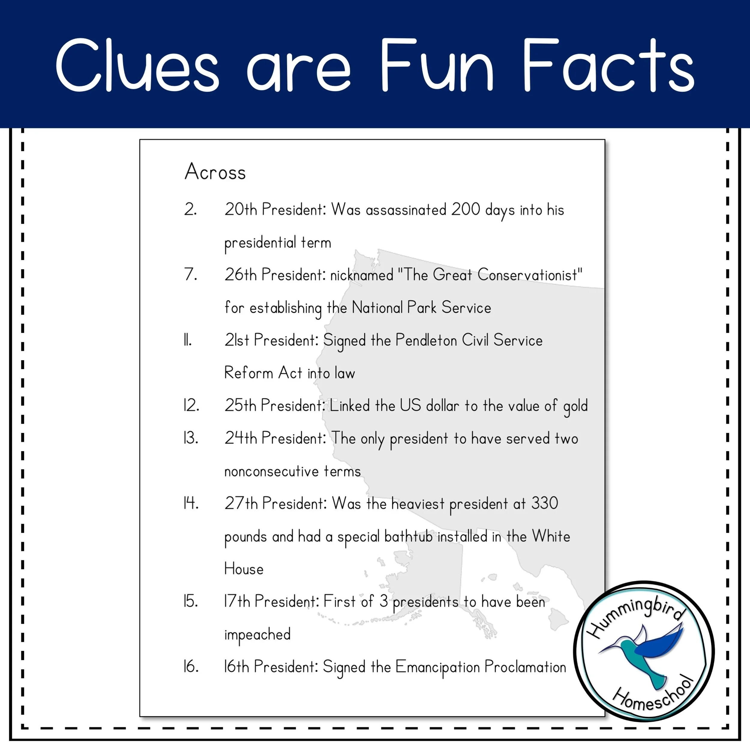US Presidents Crossword Puzzles With Answers Hummingbird Homeschool