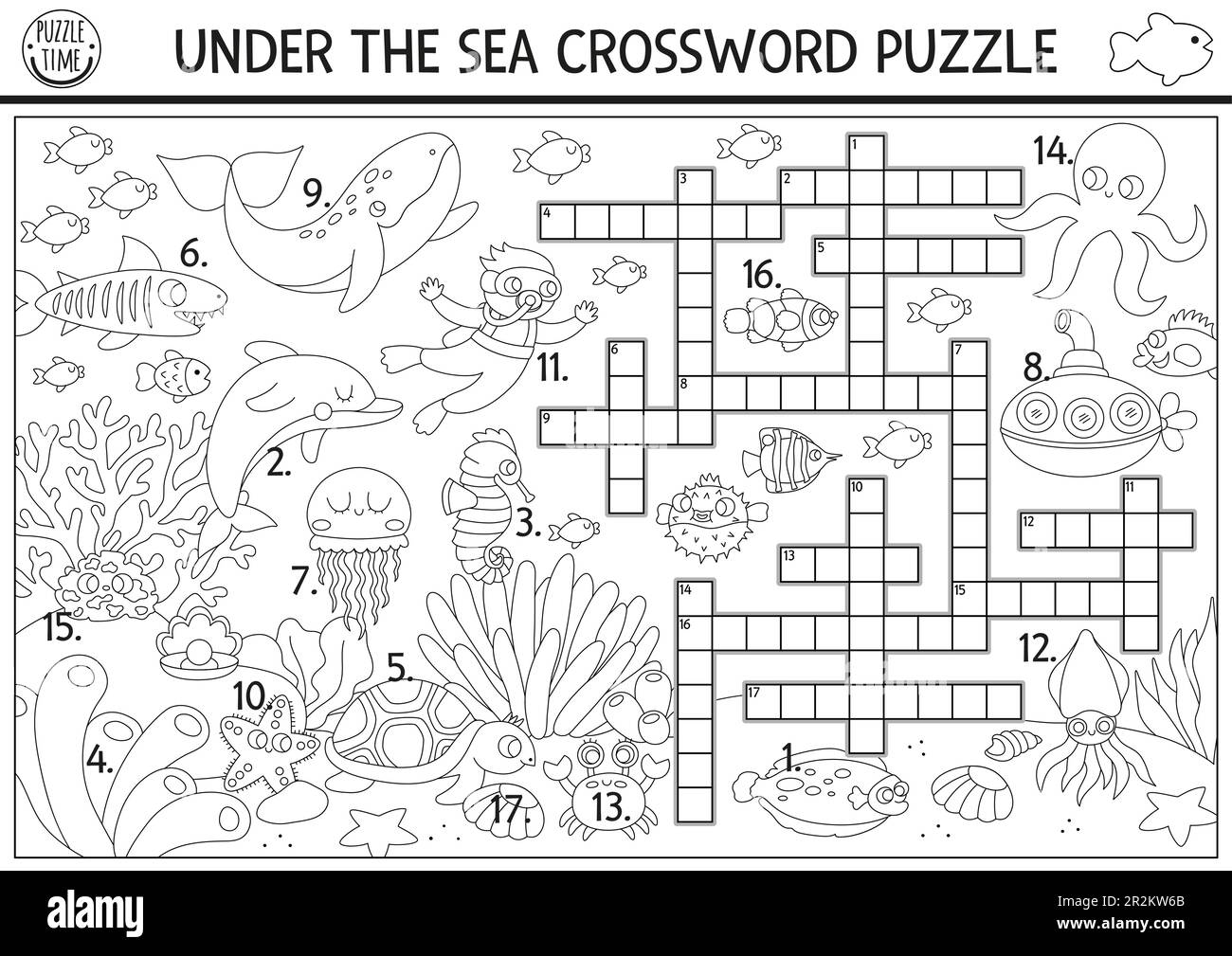 Vector Black And White Under The Sea Crossword Puzzle For Kids Simple Ocean Life Line Quiz With Marine Landscape For Children Educational Activity Stock Vector Image Art Alamy