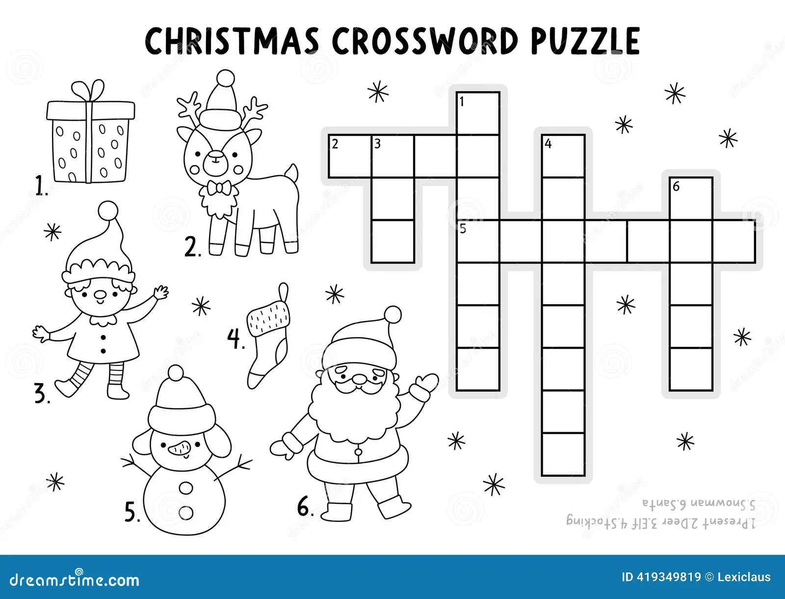 Vector Christmas Crossword Puzzle For Kids Black And White New Year Quiz With Santa Claus Deer Elf Present Snowman Stocking Stock Vector Illustration Of Page Cross 419349819