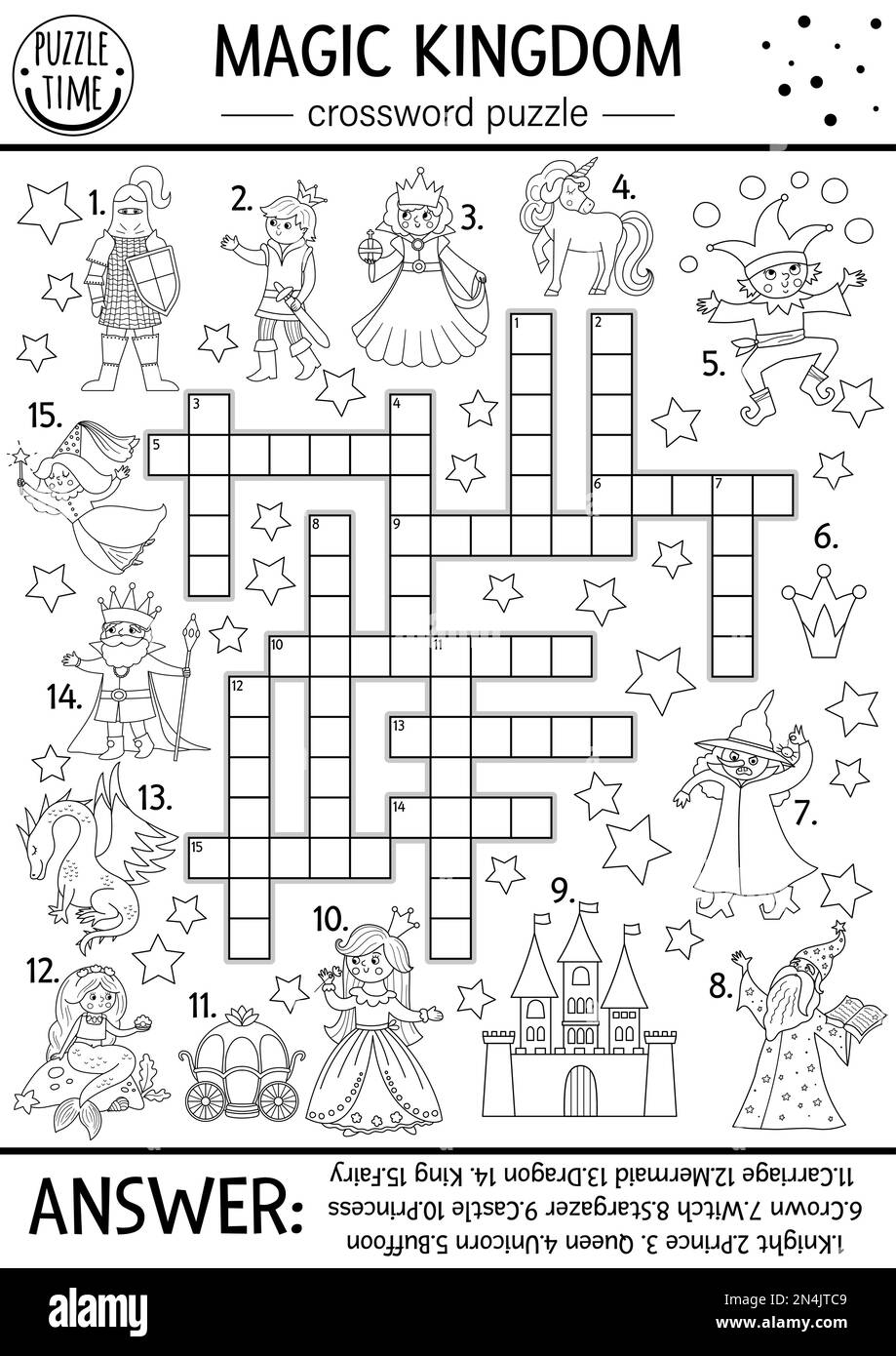Vector Fairytale Black And White Crossword Puzzle For Kids Simple Line Magic Kingdom Quiz With Fantasy Creatures Educational Activity With Knight C Stock Vector Image Art Alamy
