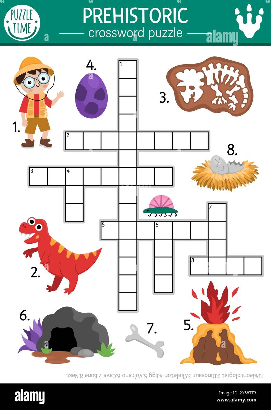 Vector Simple Dinosaur Crossword Puzzle For Kids Dino Land Quiz For Children Educational Activity With Paleontologist Skeleton Volcano Egg Cave Stock Vector Image Art Alamy
