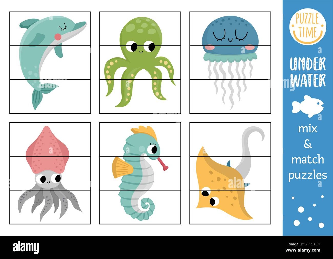 Vector Under The Sea Mix And Match Puzzle With Cute Characters Matching Ocean Life Activity For Preschool Kids Educational Printable Game With Dolph Stock Vector Image Art Alamy