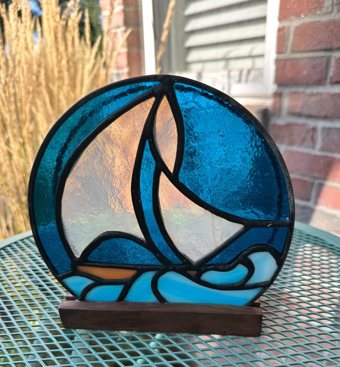 Vintage Stained Glass Leaded Sailboat Water Napkin Holder Letter Holder EBay