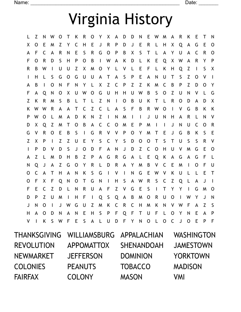 Virginia History Word Search WordMint