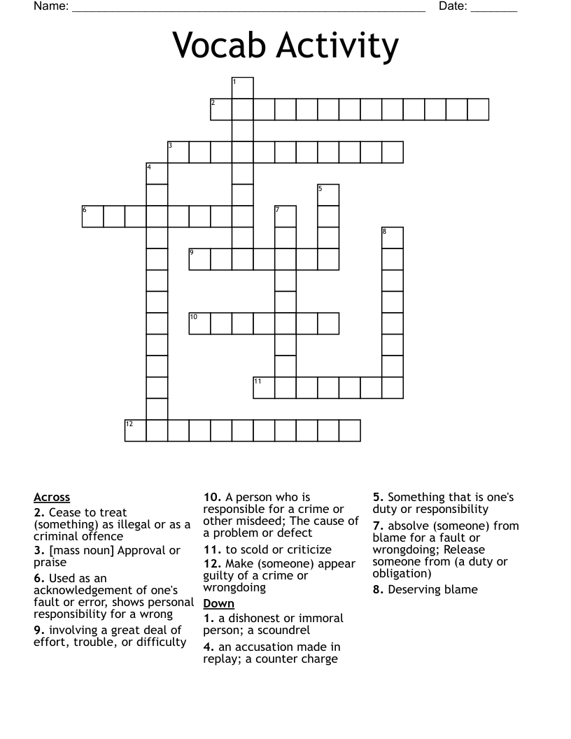 Vocab Activity Crossword WordMint