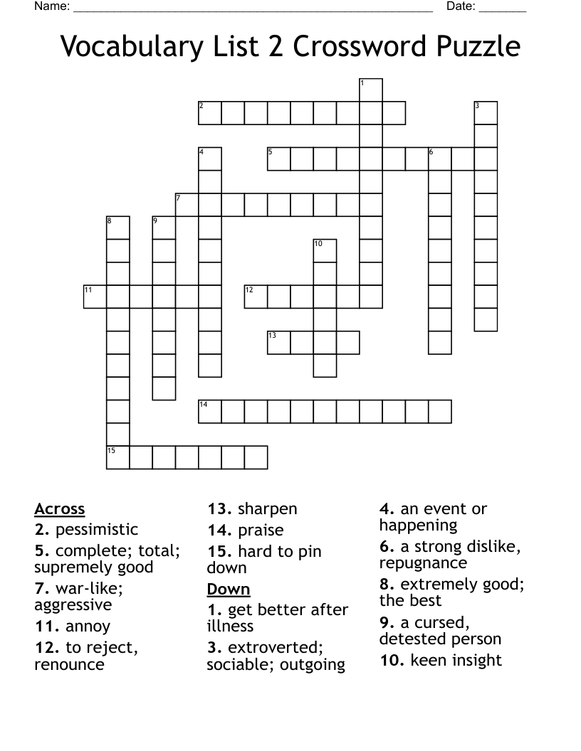 Vocabulary List 2 Crossword Puzzle WordMint
