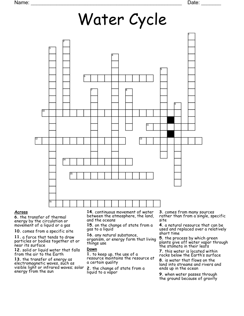 Water Cycle Crossword WordMint