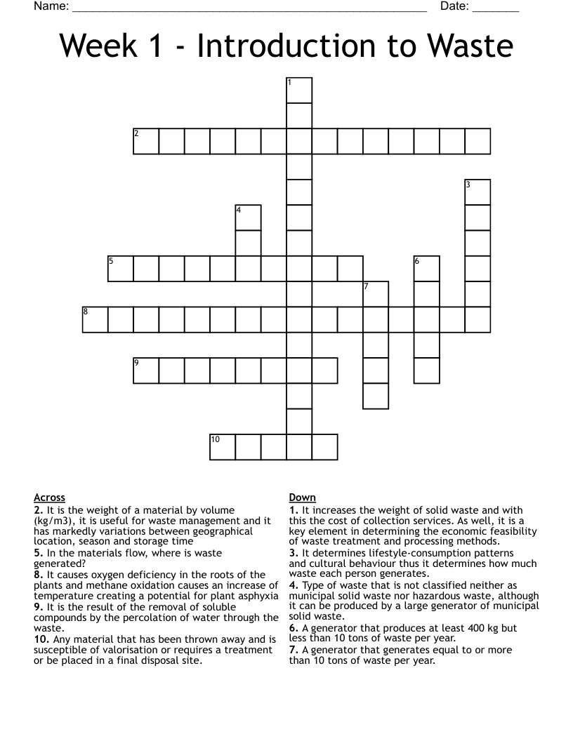 Week 1 Introduction To Waste Crossword WordMint Week 1 Introduction To Waste Crossword WordMint