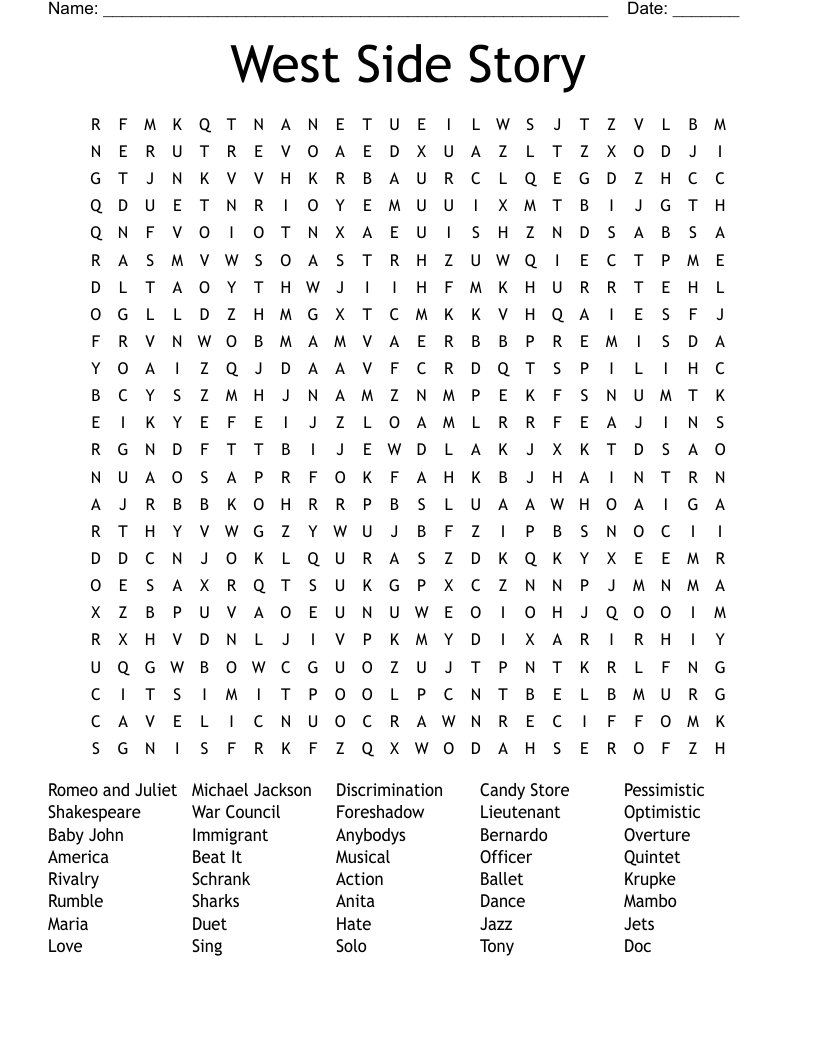 West Side Story Word Search WordMint