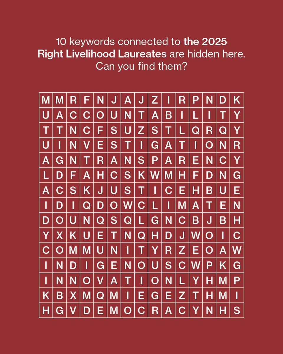 What Do The 2025 RightLivelihood Laureates Work On We ve Hidden 10 Clues About Their Work In This Word Search Puzzle Can You Find Them All Share Your Answers In The