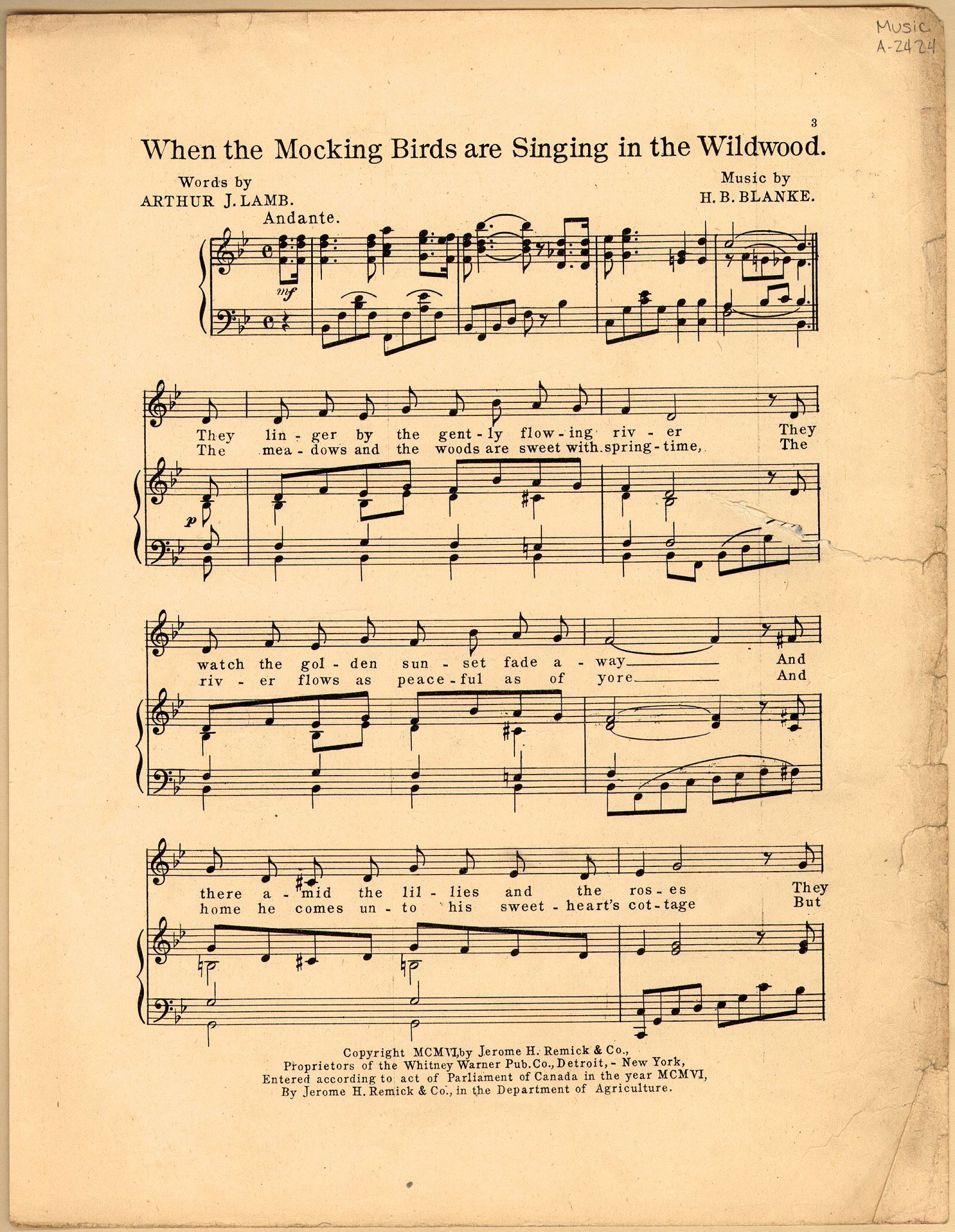When The Mocking Birds Are Singing In The Wildwood Historic American Sheet Music 