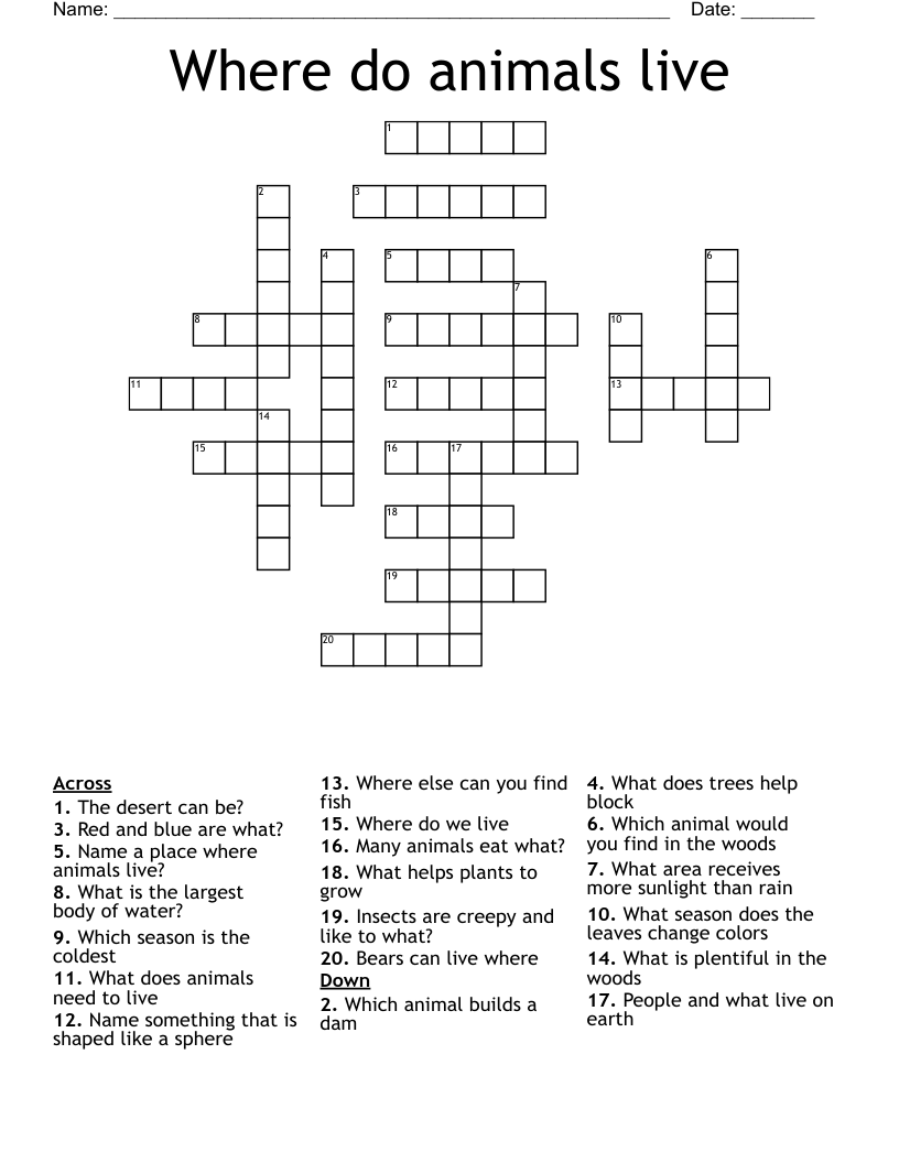 Where Do Animals Live Crossword WordMint