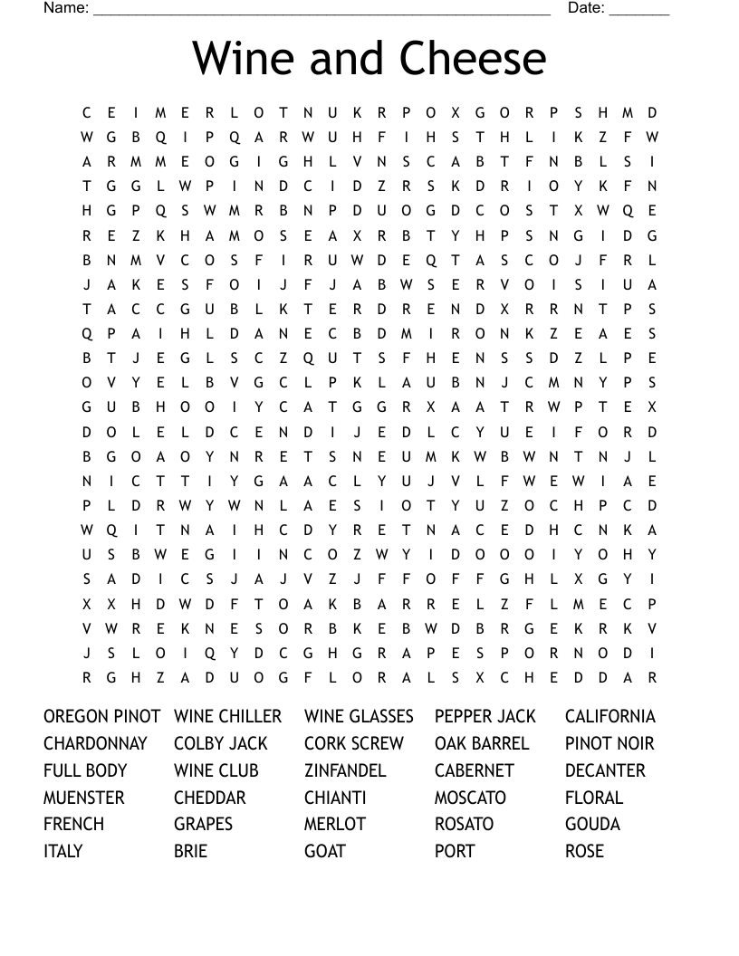 Wine And Cheese Word Search WordMint