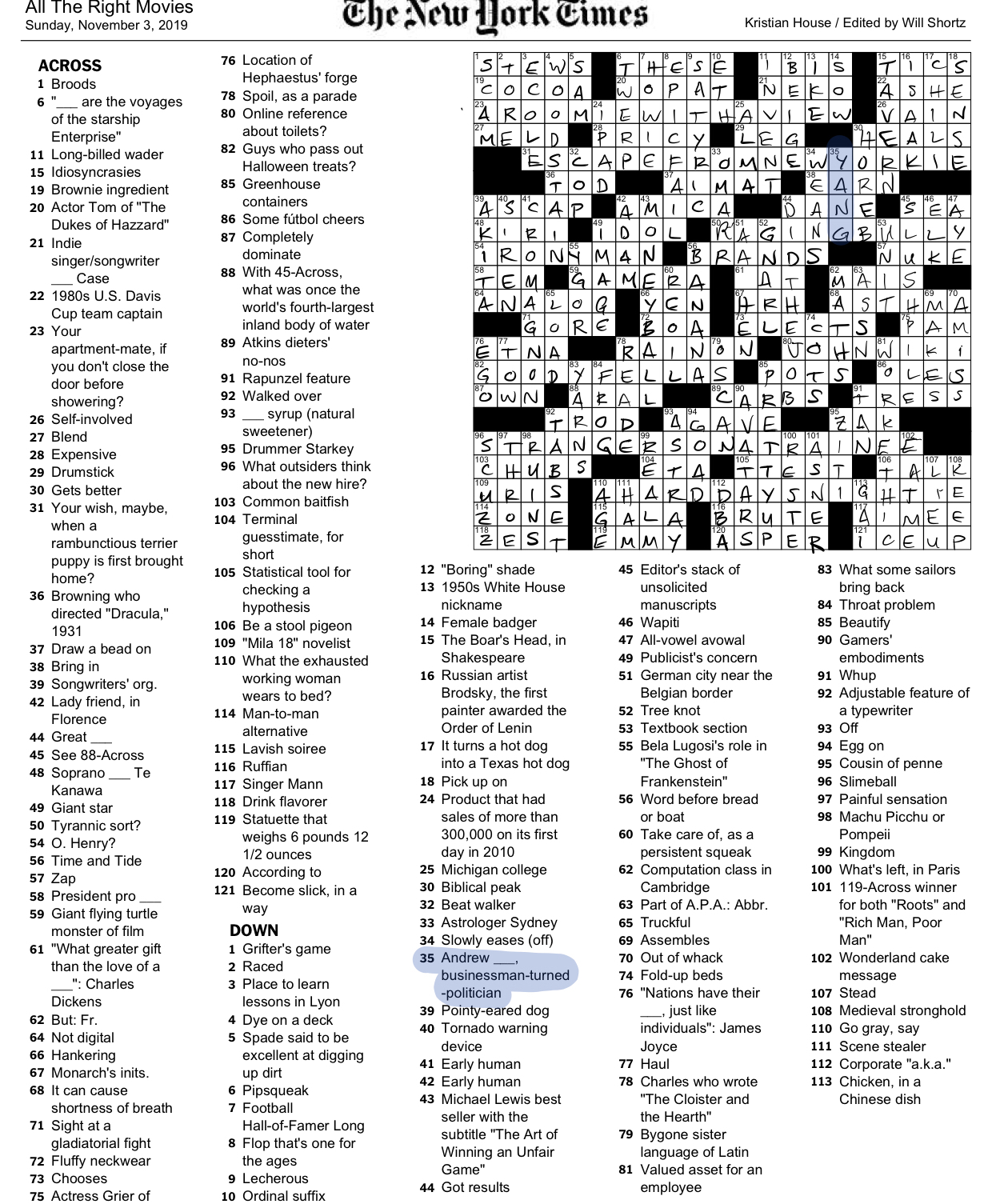 YANG In The NYT Crossword Today R YangForPresidentHQ