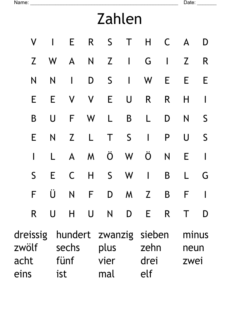Zahlen Word Search WordMint